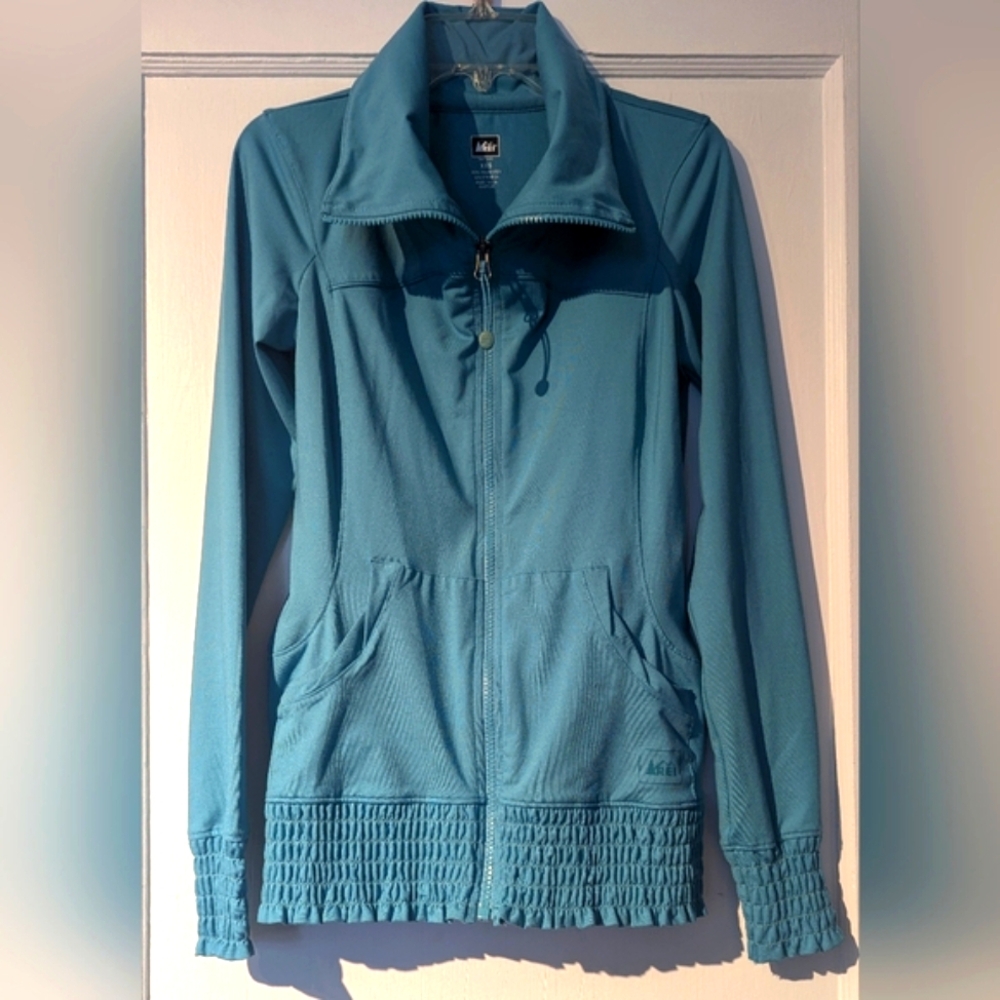 REI Womens Turquoise Stretchy Full Zip Ruffle Ruched Hem Cuff Jacket Sz XXSmall